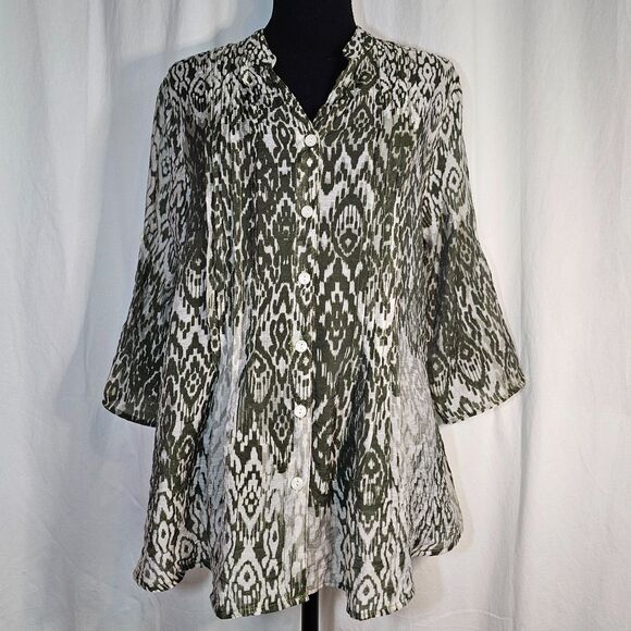 Ruby Rd. Airy Gauzy Unique Button Up Top Blouse in Olive Green & White sz M - Picture 1 of 7